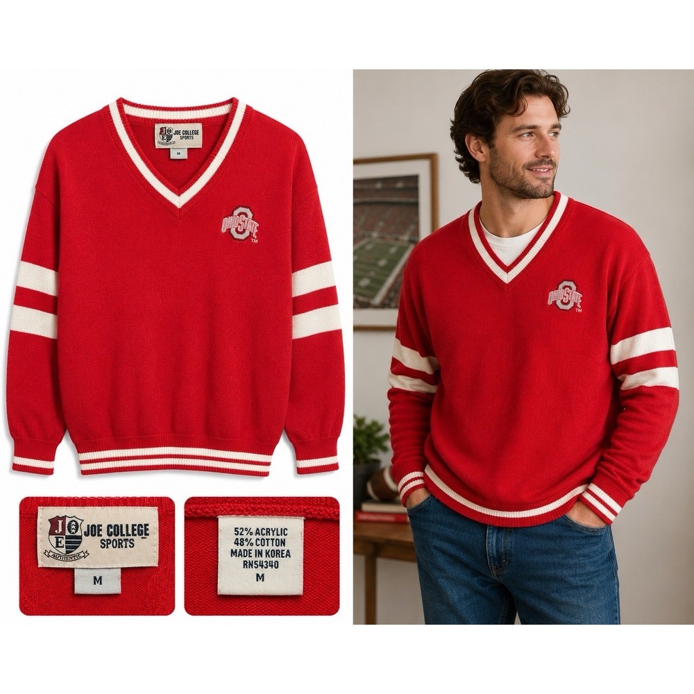 VINTAGE OHIO STATE Buckeyes V neck SWEATER Mens M Red White Joe College Preppy